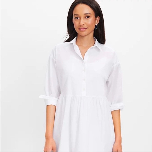 LOFT Dresses & Skirts - NWT LOFT White Cotton Poplin Swing Mini Dress Sz S Coastal Preppy Casual Chic